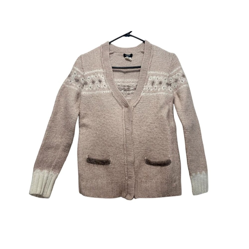 Vintage J.Crew Handknit Fair Isle Cardigan Sweater Women Small Beige Alpaca Blen